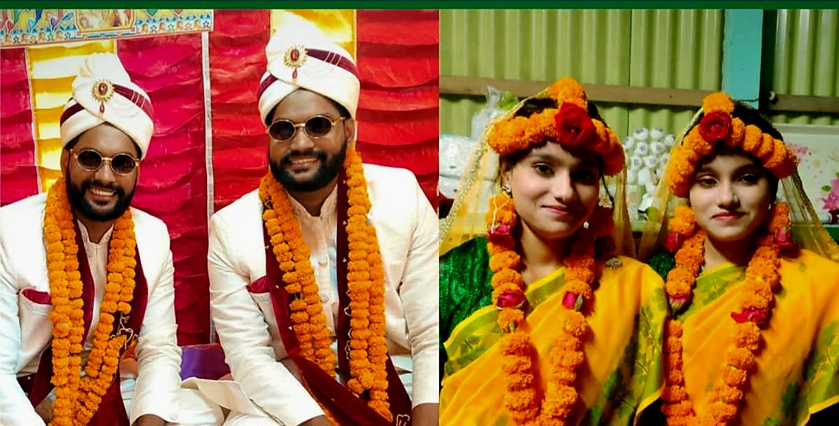 যমজ দুই বোনের সঙ্গে যমজ দুই ভাইয়ের বিয়ে উপলক্ষে নবদম্পতিদের দেখতে উৎসুক মানুষের ভিড়