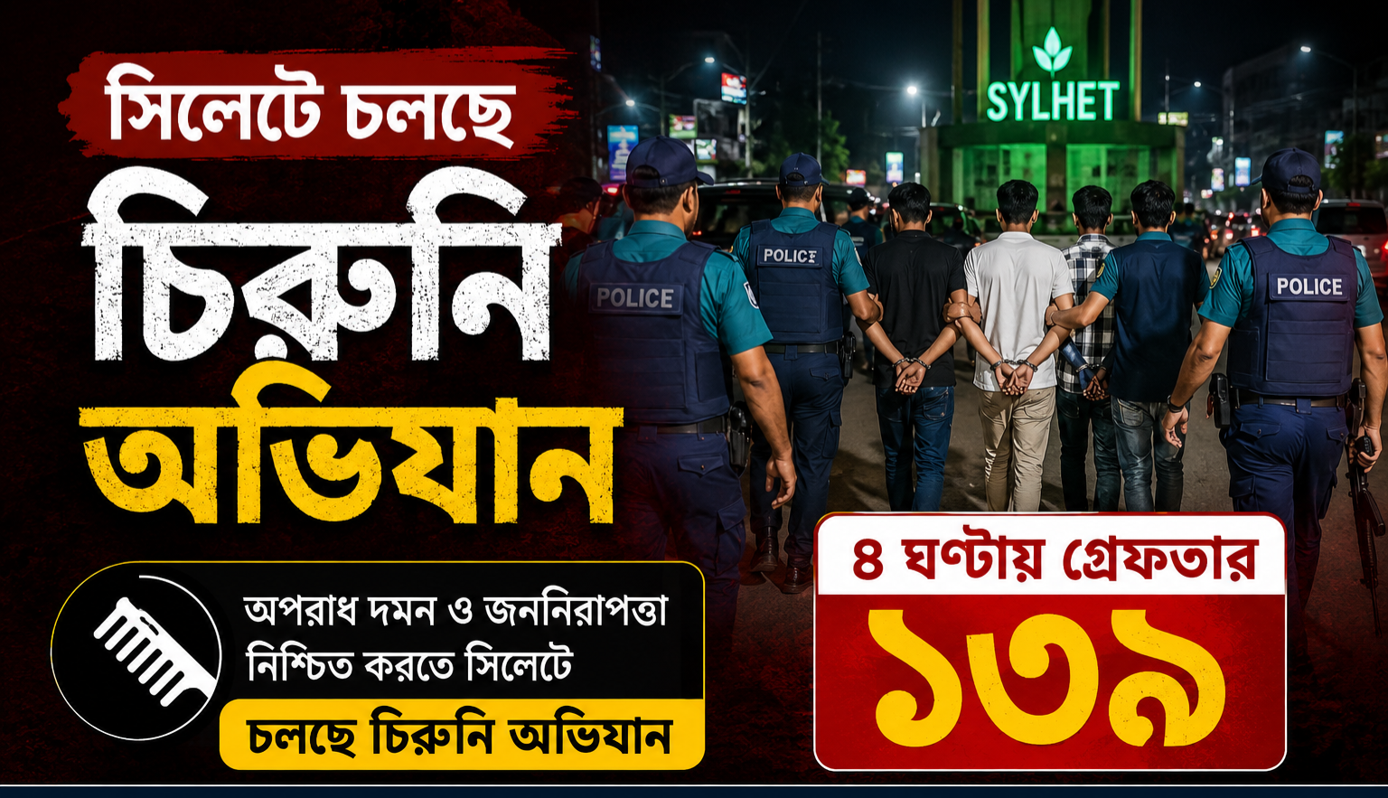 সিলেটে চলছে চিরুনি অভিযান, ৪ ঘণ্টায় গ্রেফতার ১৩৯